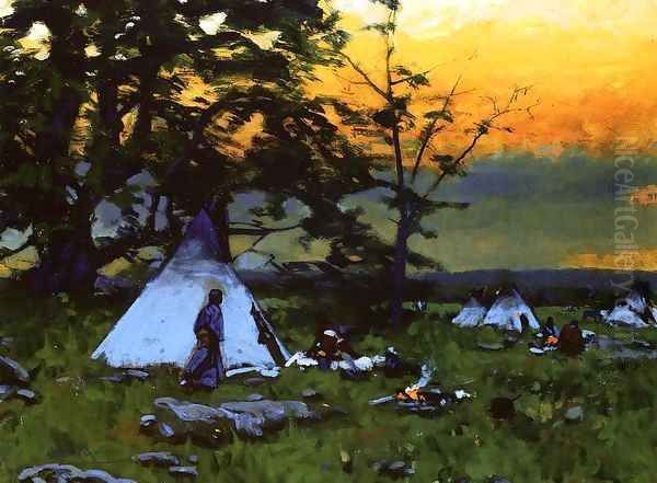 Indian Encampment Montana Oil Painting by Gilbert Gaul