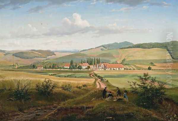 Abbey Farm at Wiebrechtshausen, Neardusseldorf Oil Painting by Eugene von Guerard