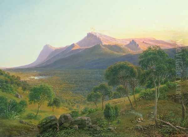 Aborigines by a Fire before Mount William as seen from Mount Dryden in the Grampians Victoria Oil Painting by Eugene von Guerard