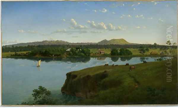 Purrumbete from across the lake Oil Painting by Eugene von Guerard