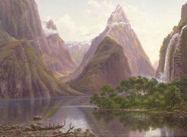 Native figures in a canoe at Milford Sound West Coast of South Island New Zealand also depicted are Mitre Peak and Bowens Fall Oil Painting by Eugene von Guerard