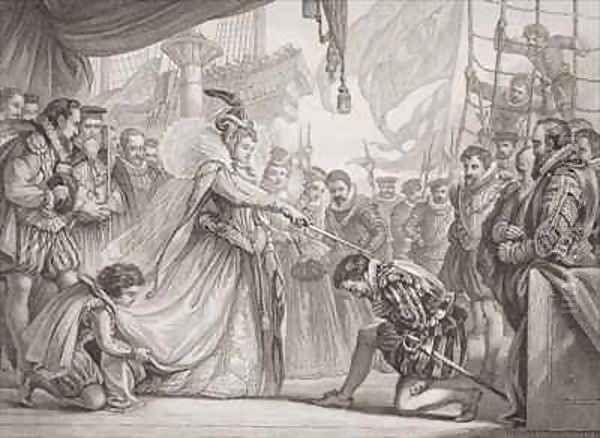 Queen Elizabeth I 1530-1603 knighting Francis Drake 1540-96 from Illustrations of English and Scottish History Volume I Oil Painting by Sir John Gilbert