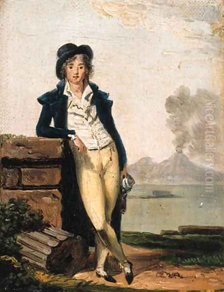 Portrait of a young man, full-length, with Mount Vesuvius beyond Oil Painting by Louis Gauffier