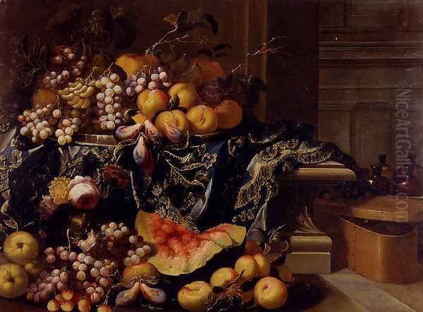 A Landscape With A Still Life Of A Melon, Watermelon, Peaches, Grapes, a Pomegranate, Cherries And Roses Oil Painting by Antonio Gianlisi The Younger