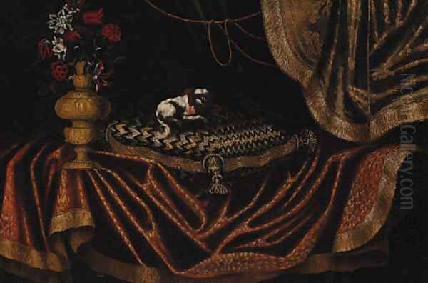 A toy spaniel on an embroidered cushion with a vase of flowers on a draped table Oil Painting by Antonio Gianlisi The Younger