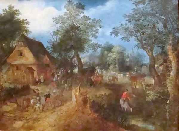 Village Scene in the Woods Oil Painting by Abraham Govaerts