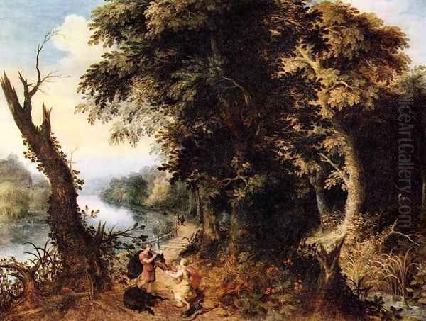 Landscape with Diana Receiving the Head of a Boar Oil Painting by Abraham Govaerts