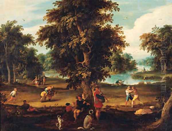 Peasants making music and disporting in a wooded river landscape Oil Painting by Abraham Govaerts