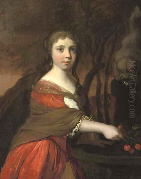 Portrait of a girl, three-quarter-length, in a red dress and brown wrap, cleaning cherries in a fountain Oil Painting by Barent Graat