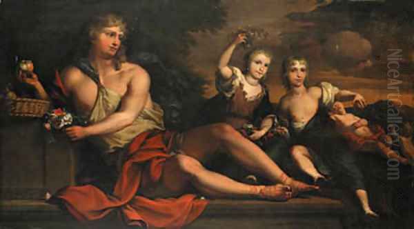 A reclining youth holding fruit and flowers with a brother and sister and a sleeping child beyond Oil Painting by Barent Graat