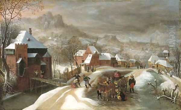 A winter landscape with soldiers in a village Oil Painting by Jacob Grimmer