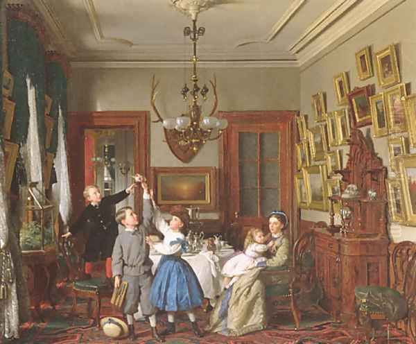 The Contest for the Bouquet: The Family of Robert Gordon in their New York Dining-Room Oil Painting by Seymour Joseph Guy