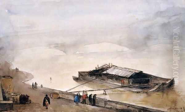 Quay of the Seine with Barge, Fog Effect Oil Painting by Francois-Marius Granet