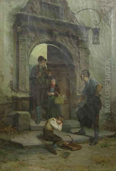 Boy in Shades of Grey at School Entrance Oil Painting by Theodore Gerard