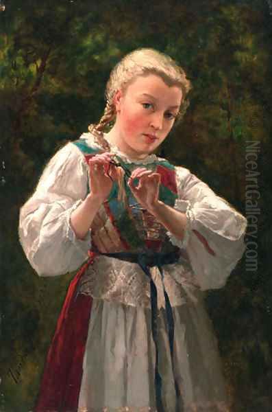 A young girl braiding her hair Oil Painting by Theodore Gerard