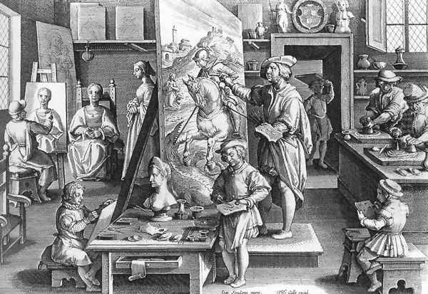 A Painter's Workshop c. 1595 Oil Painting by Philip Galle