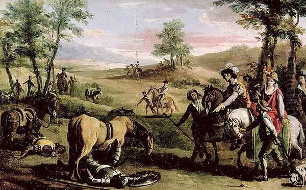 Don Quixote falls from his horse in front of the Dukes Oil Painting by Zacarias Gonzalez Velazquez