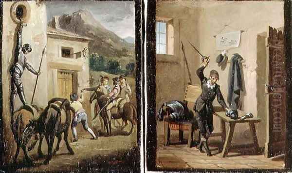 Don Quixote hanging from the window and preparing his armour, two scenes from the novel by Cervantes Oil Painting by Zacarias Gonzalez Velazquez