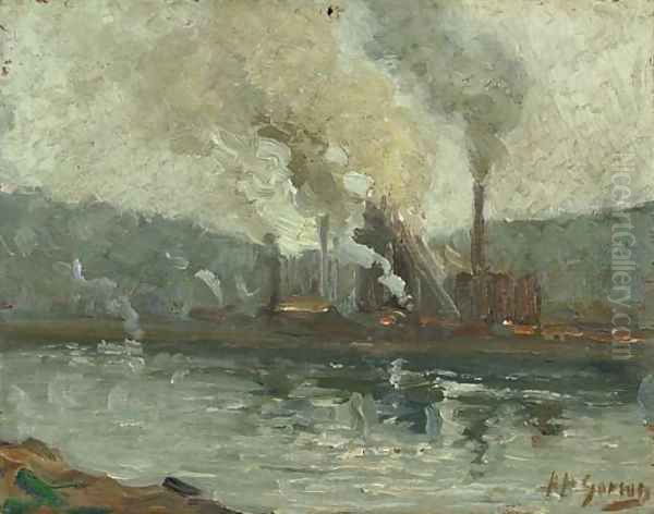 Factories Along the River two works Oil Painting by Aaron Harry Gorson