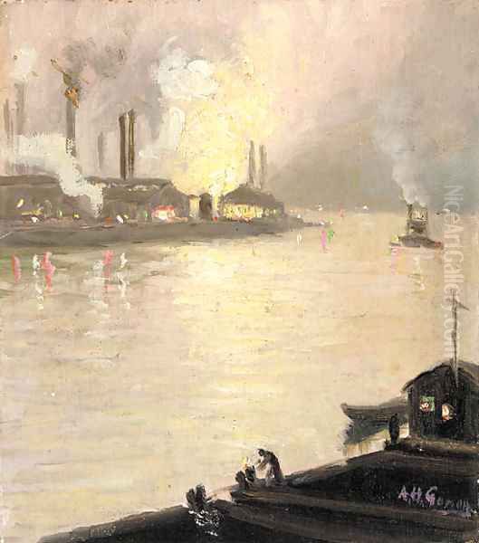 Factories Along the River at Night Oil Painting by Aaron Harry Gorson