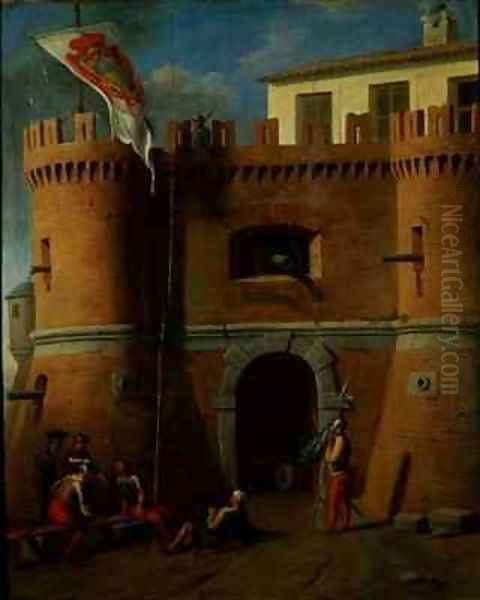 Soldiers outside a Fortified Castle Oil Painting by Michele (di Taddeo di Giovanni Bono) Giambono