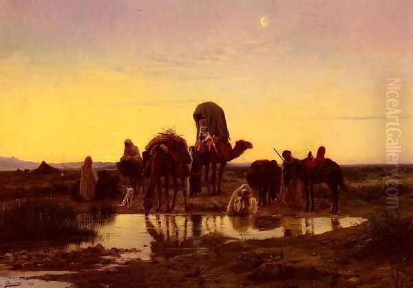 Camel Train By An Oasis At Dawn Oil Painting by Eugene-Alexis Girardet