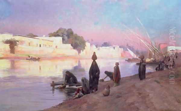 Washerwomen on the banks of the Nile Oil Painting by Eugene-Alexis Girardet