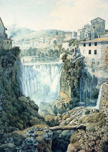 A Waterfall Outside An Italian Town Oil Painting by Filippo Giuntotardi