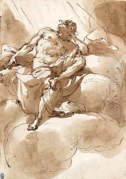 A half-draped Figure, seated on a cloud, looking up Oil Painting by Ubaldo Gandolfi