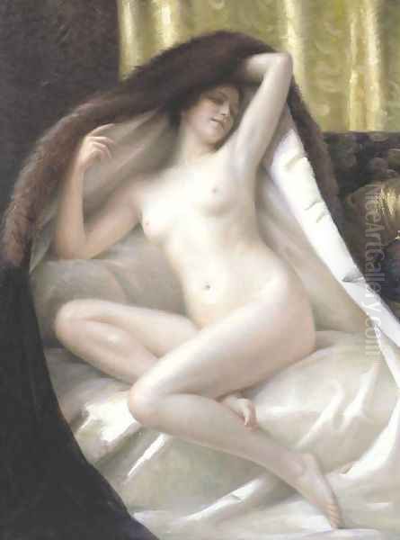 Youn Woman Wrapped in a Fur Blanket Oil Painting by Gaston Guedy