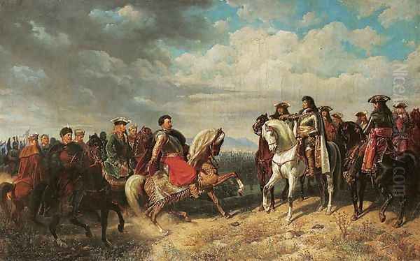 Meeting of King John III Sobieski with Emperor Leopold I near Schwechat Oil Painting by Artur Grottger