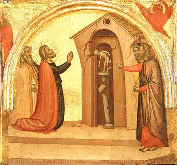 Saint John the Evangelist Causes a Pagan Temple to Collapse ca 1370 Oil Painting by Francescuccio Ghissi