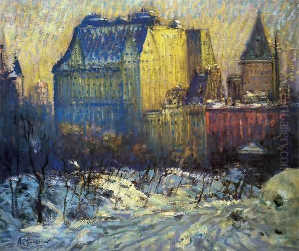 A View of the Plaza from Central Park in Winter Oil Painting by Arthur C. Goodwin