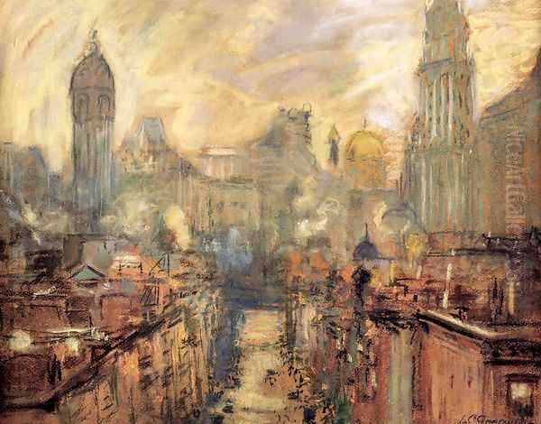 Lower New York From Manhattan Bridge Oil Painting by Arthur C. Goodwin