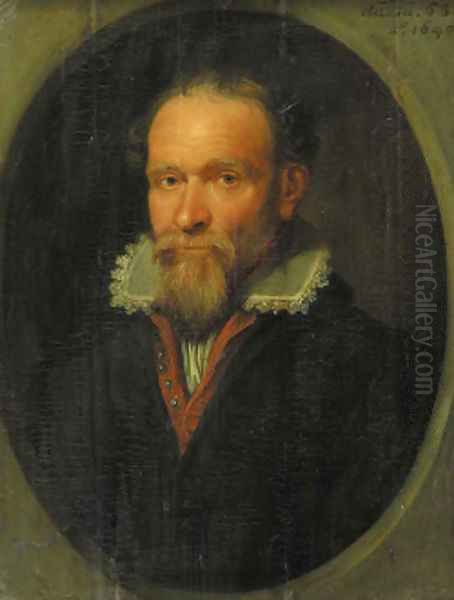 Portrait of a bearded gentleman, half length, wearing a red-lined black jacket and lace chemise, in a feigned stone oval window Oil Painting by Jacques de Gheyn