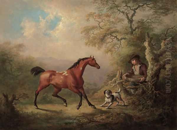 A groom offering a feeding sieve to a bay pony, in a wooded landscape Oil Painting by Sawrey Gilpin