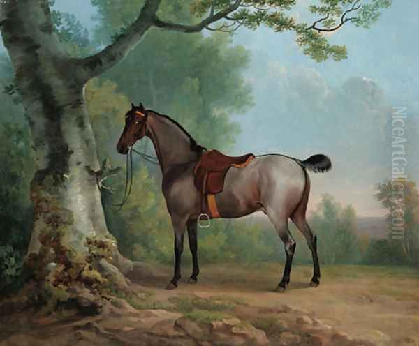 A saddled strawberry roan hunter, tethered to a tree, in a landscape Oil Painting by Sawrey Gilpin