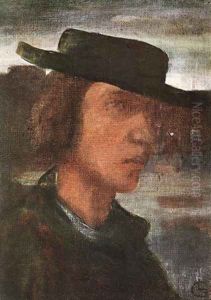 Self-portrait with Hat 1908-12 Oil Painting by Lajos Gulacsy