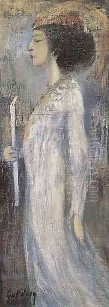 Woman with Candle 1910s Oil Painting by Lajos Gulacsy