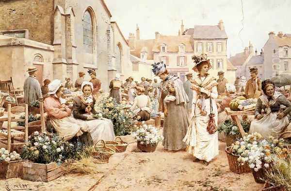 Flower Market in a French Town Oil Painting by Alfred Glendening