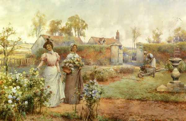 A Lady And Her Maid Picking Chrysanthemums Oil Painting by Alfred Glendening