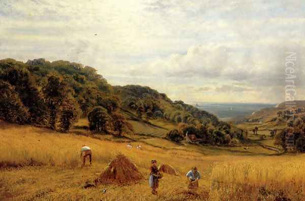 Harvesting At Luccombe, Isle Of Wight Oil Painting by Alfred Glendening