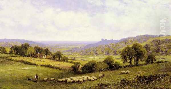 Near Amberley, Sussex, with Arundel Castle in the Distance Oil Painting by Alfred Glendening