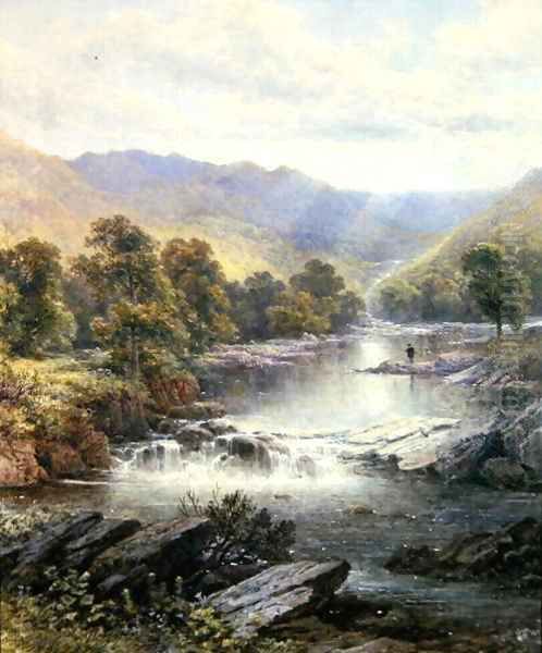 An Angler in a River Valley Oil Painting by Alfred Glendening