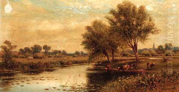 Cattle watering with harvesters beyond Oil Painting by Alfred Glendening