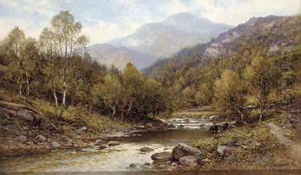 An angler on the bank of a river Oil Painting by Alfred Glendening