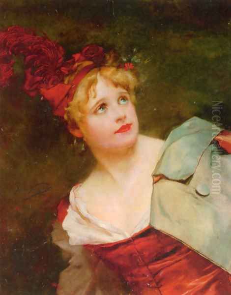 A Lady Wearing a Crimson Hat Oil Painting by Jules Adolphe Goupil