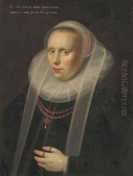 Portrait of a lady, half-length, in a ruff collar and a black silk dress, wearing a gold chain Oil Painting by Gortzius Geldorp