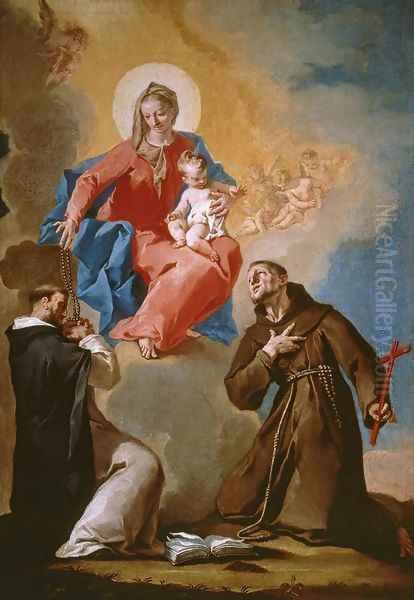 Rosary Mother of God with Sts Dominic and Francis of Assisi Oil Painting by Nicola Grassi