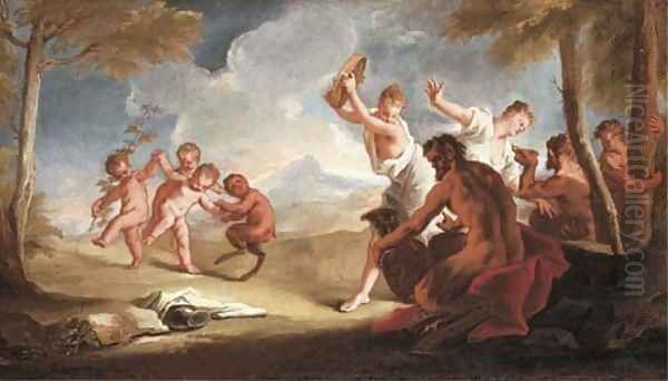 Nymphs, putti and satyrs dancing in a landscape Oil Painting by Nicola Grassi